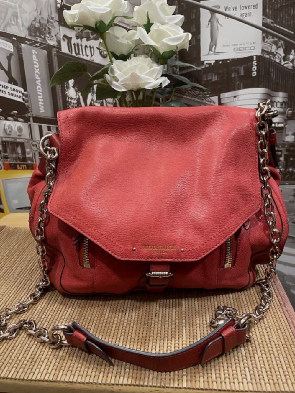 Olivia Harris Tribeca Crossbody Leather Bag, Chain, Buckle, RED, Beautiful